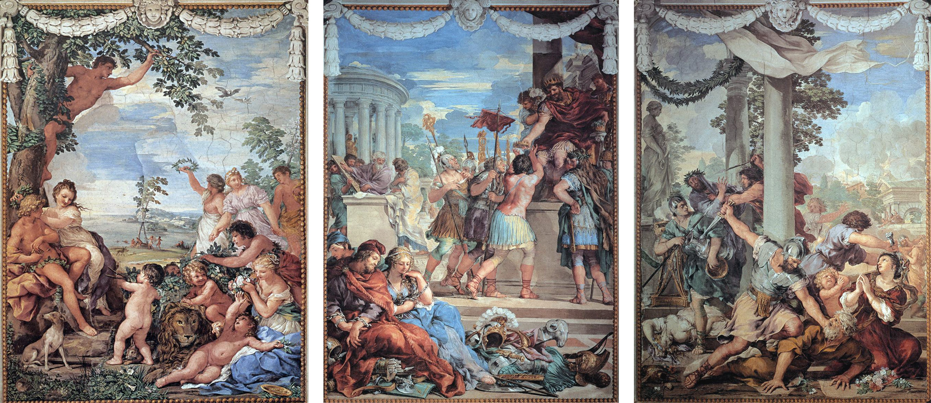 Das Goldene Zeitalter, Das Bronzene Zeitalter, Das Eiserne Zeitalter. Bilderzyklus zu Ovids Metamorphosen von Pietro da Cortona (1637)