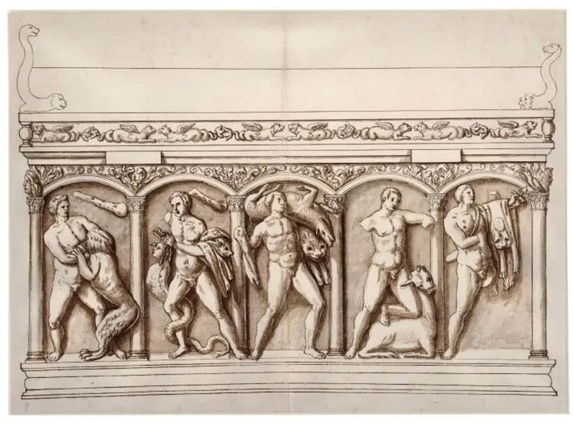 Cassiano Dal Pozzo schuf mit seinem »Papiermuseum« eine altertumswissenschaftliche Sammlung: Über vierzig Jahre beschäftigte er Zeichner, die griechische, römische und frühchristliche Relikte dokumentierten. Im Bild: Zeichnung eines römischen Sarkophagenreliefs.