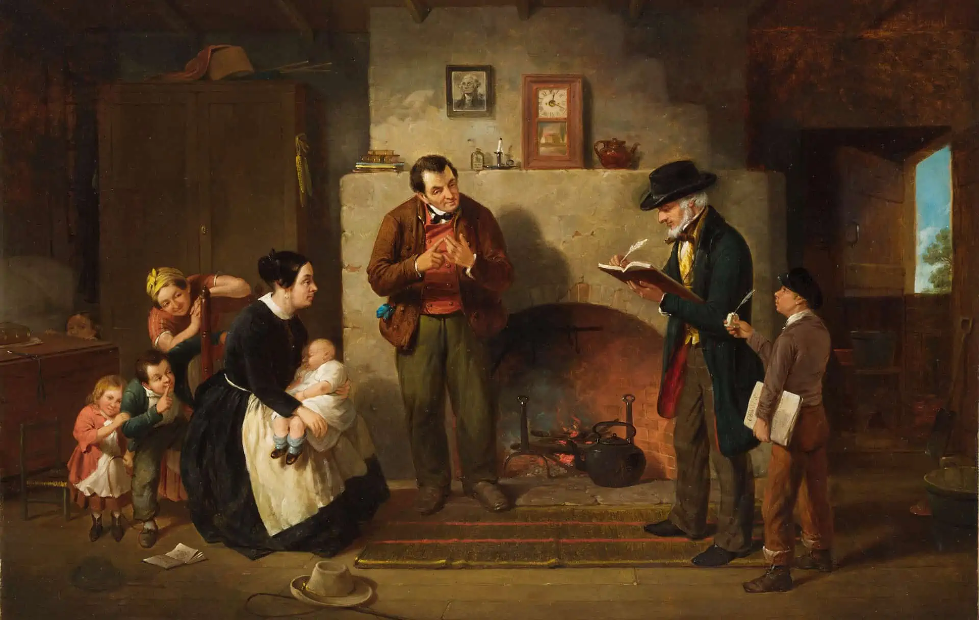 Auch die Vereinigten Staaten zählten ab 1790 ihre Bürger*innen. Bei der siebten Volkszählung hatte das Familienoberhaupt auch Auskunft über seine Nachfahren zu geben (Bild: Edmonds, Francis William. 1854. Taking the Census. Metropolitan Museum of Art).