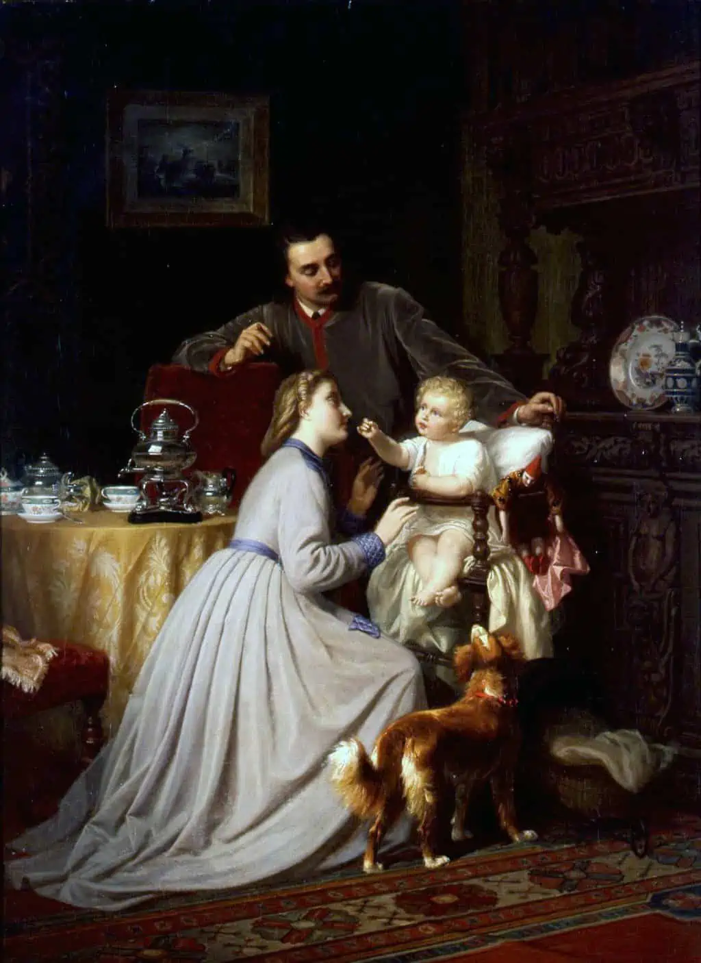 Neustaetter, Louis. 1868. "Familienidyll" (© Deutsches Historisches Museum, Berlin) Der Ehemann und Vater nimmt in dieser typischen Dreieckskomposition die Standposition ein. Seine Arme bilden die Grenze und den Rahmen der Kleinfamilie.